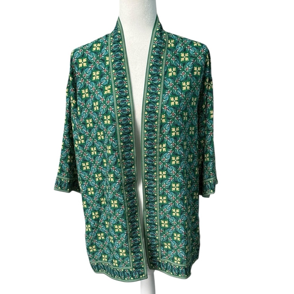 Max Studio Floral Green Kimono Duster Open Front Size XS Fits Larger NWT Artsy